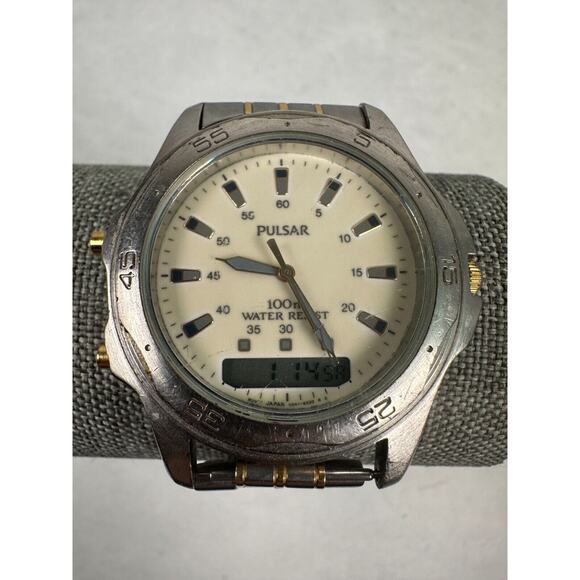 VTG Pulsar Watch Mens 42mm Two Tone Analog Digital V041-9250 Quartz New Battery - Picture 5 of 14